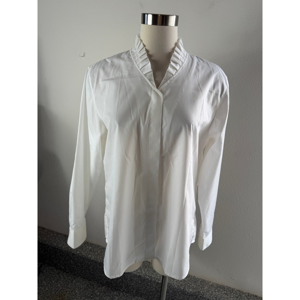 Foxcroft Womens 12 White Wrinkle Free Pleated Ruffle Collar Blouse Shaped Fit